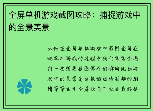 全屏单机游戏截图攻略：捕捉游戏中的全景美景